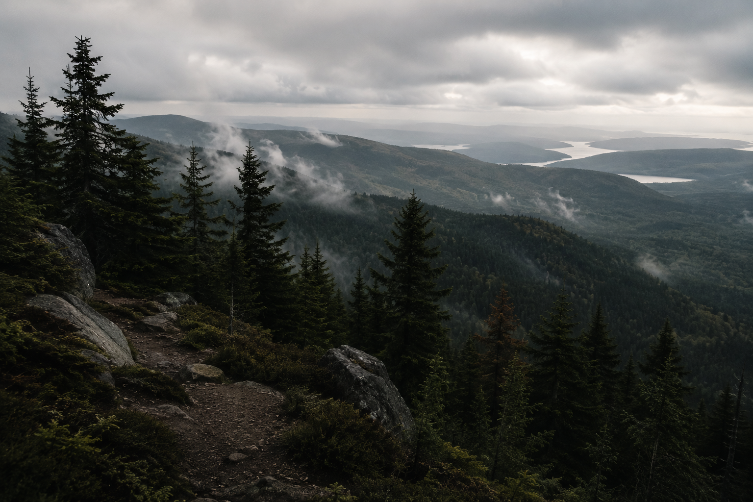 Misty evergreen mountains with a winding trail above a river valley at dusk