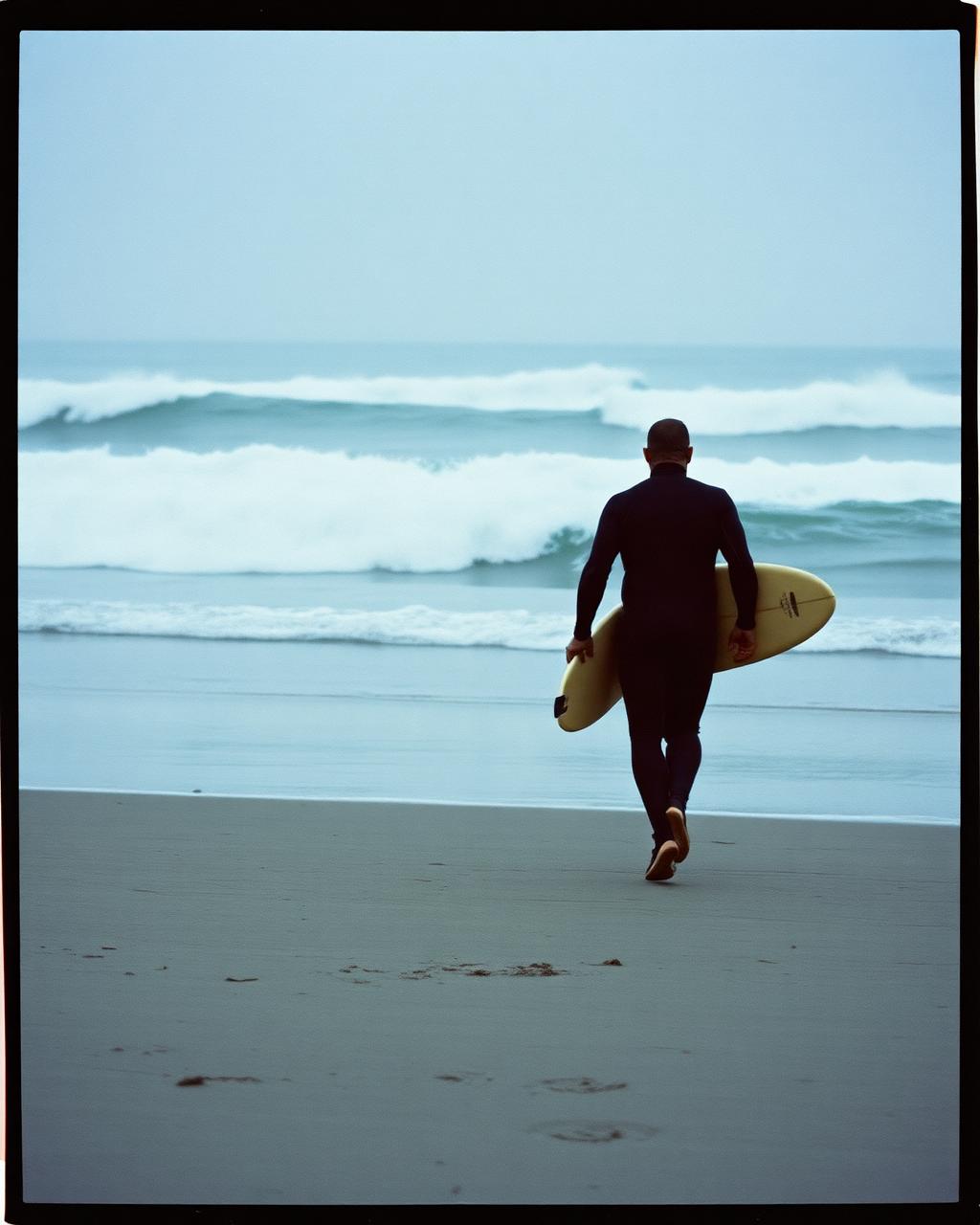 Surfer in a wetsuit walking toward cold morning waves with a board under one arm