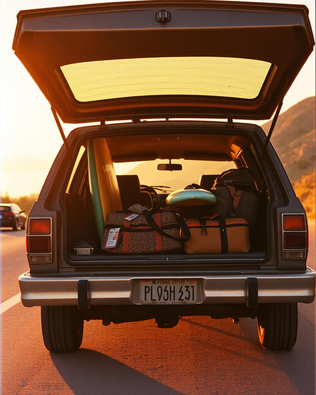 Open trunk of an old station wagon packed with a surfboard and duffel bags at golden hour