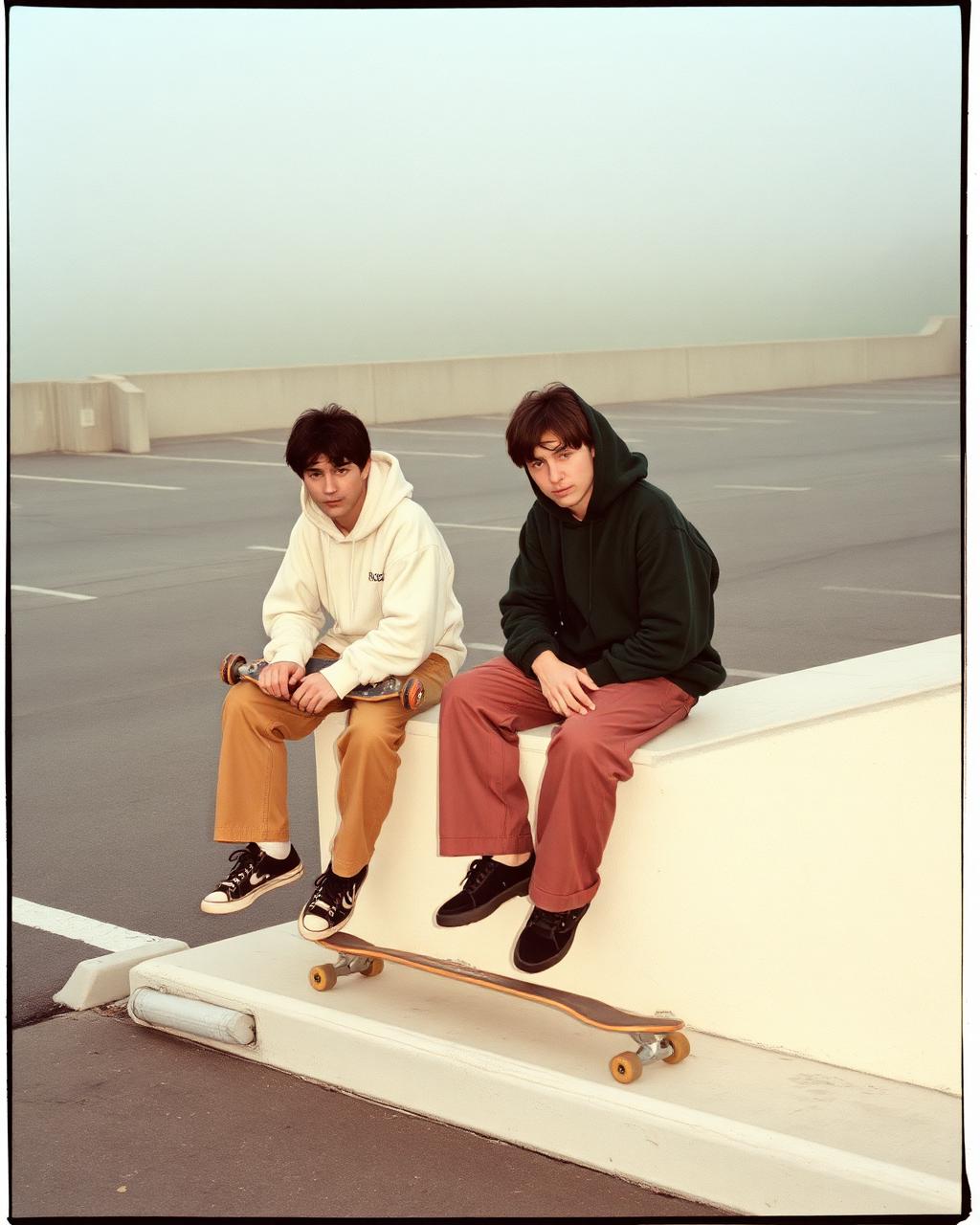 Two skaters in hoodies sitting on a concrete barrier in a foggy empty parking lot